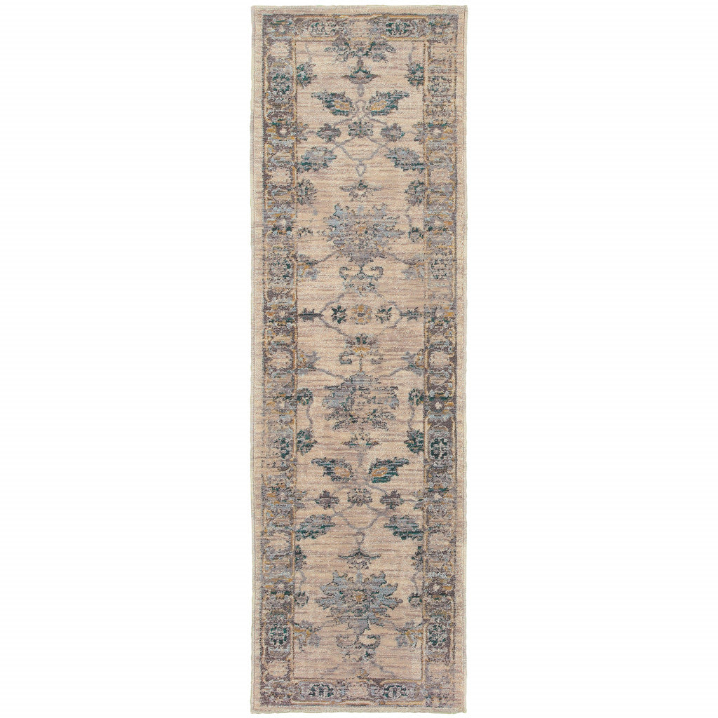 Stain-Resistant Elegant Ivory and Blue Oriental Runner Rug - Ideal for Kids & Pets