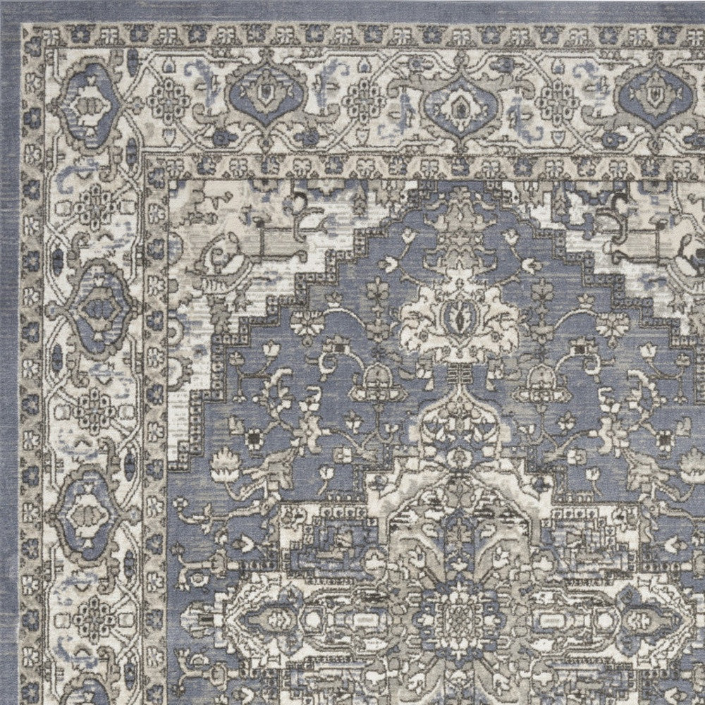 8' x 10' Power Loomed Elegant Distressed Blue and Ivory Medallion Area Rug