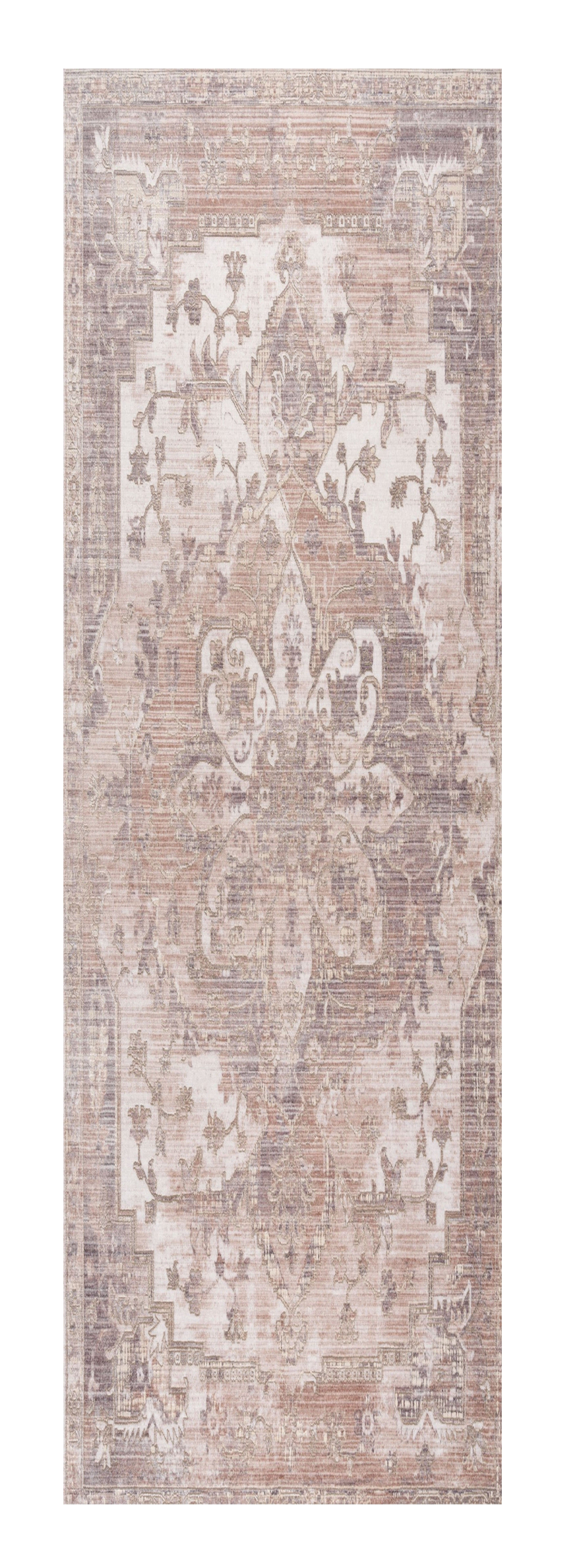 Stylish Power Loom Beige and Ivory Medallion Runner Rug for Home Decor