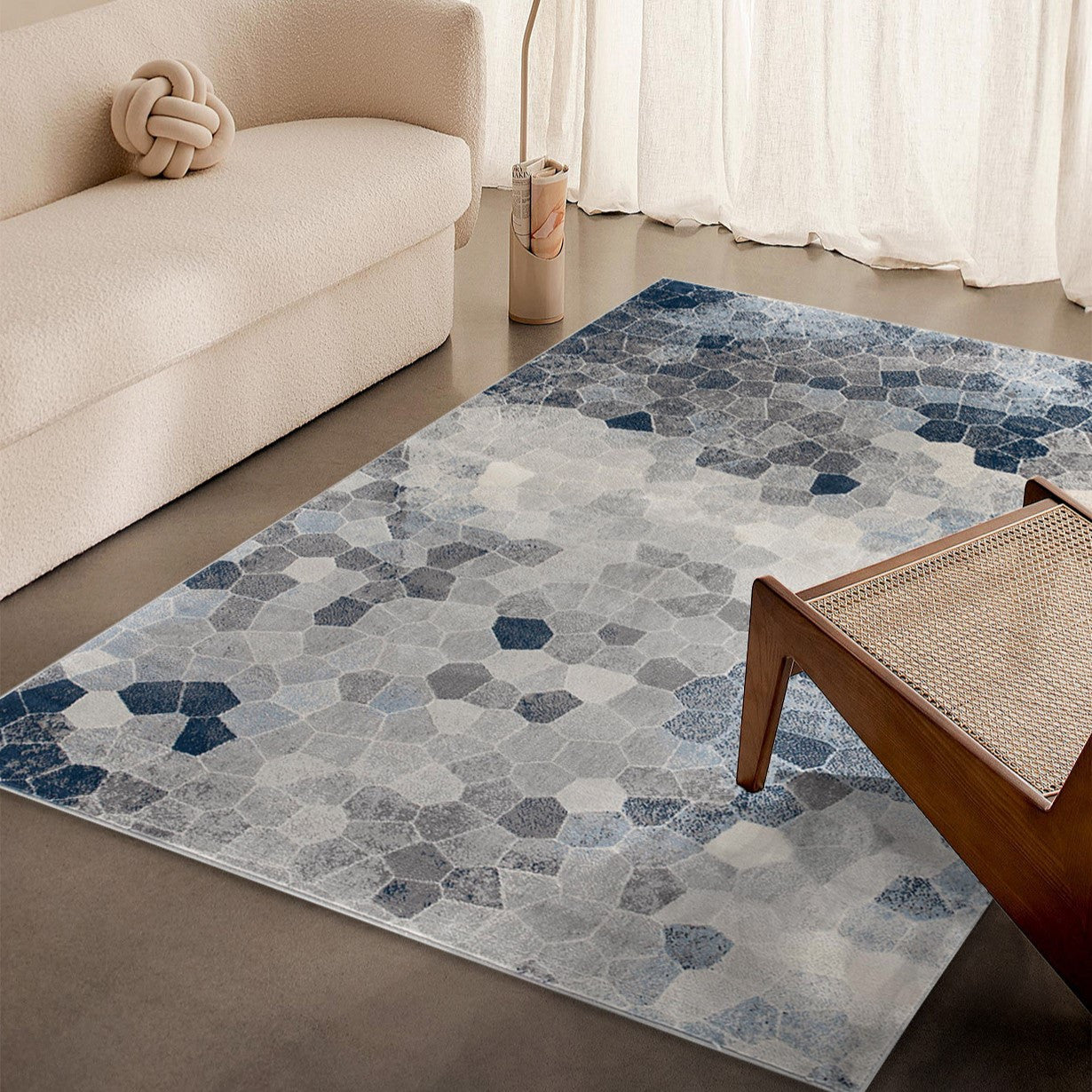 Stylish Navy Blue and Ivory Geometric Cobblestone Runner Rug for Luxurious Home Comfort