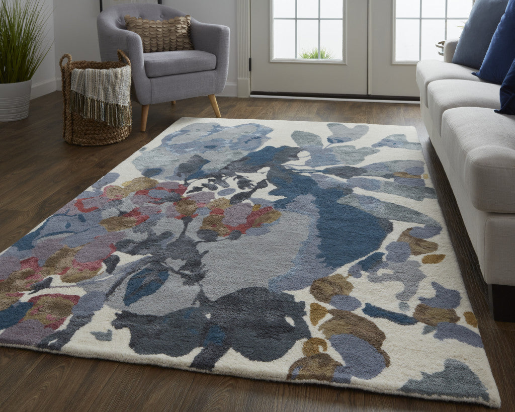 Stylish Blue Gray and Pink Floral Hand-Tufted Wool Area Rug for Comfortable Home Decor