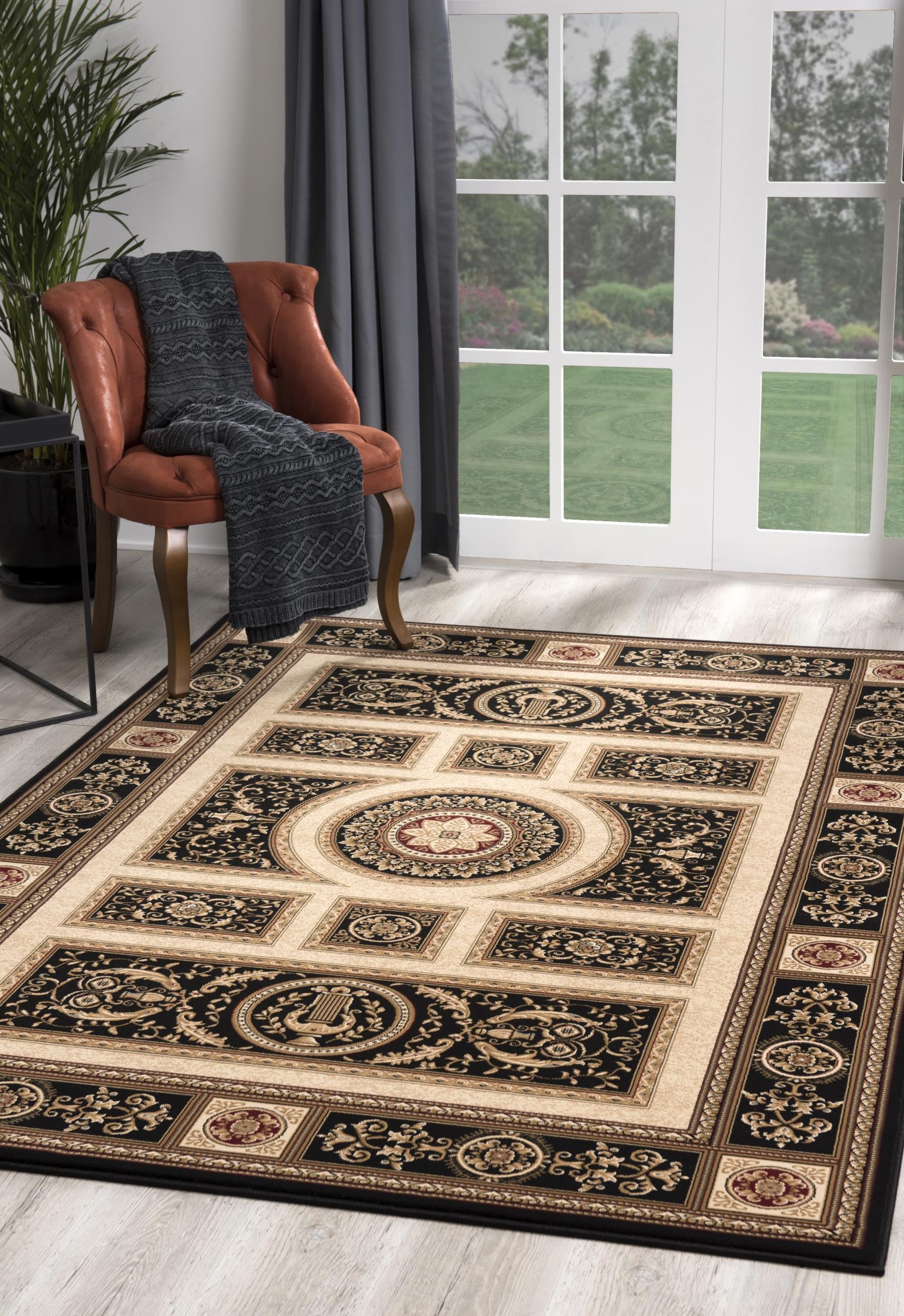 Stylish and Elegant Beige and Black Oriental Design Area Rug for Home Decoration to Enhance Your Living Space with Warmth and Sophistication