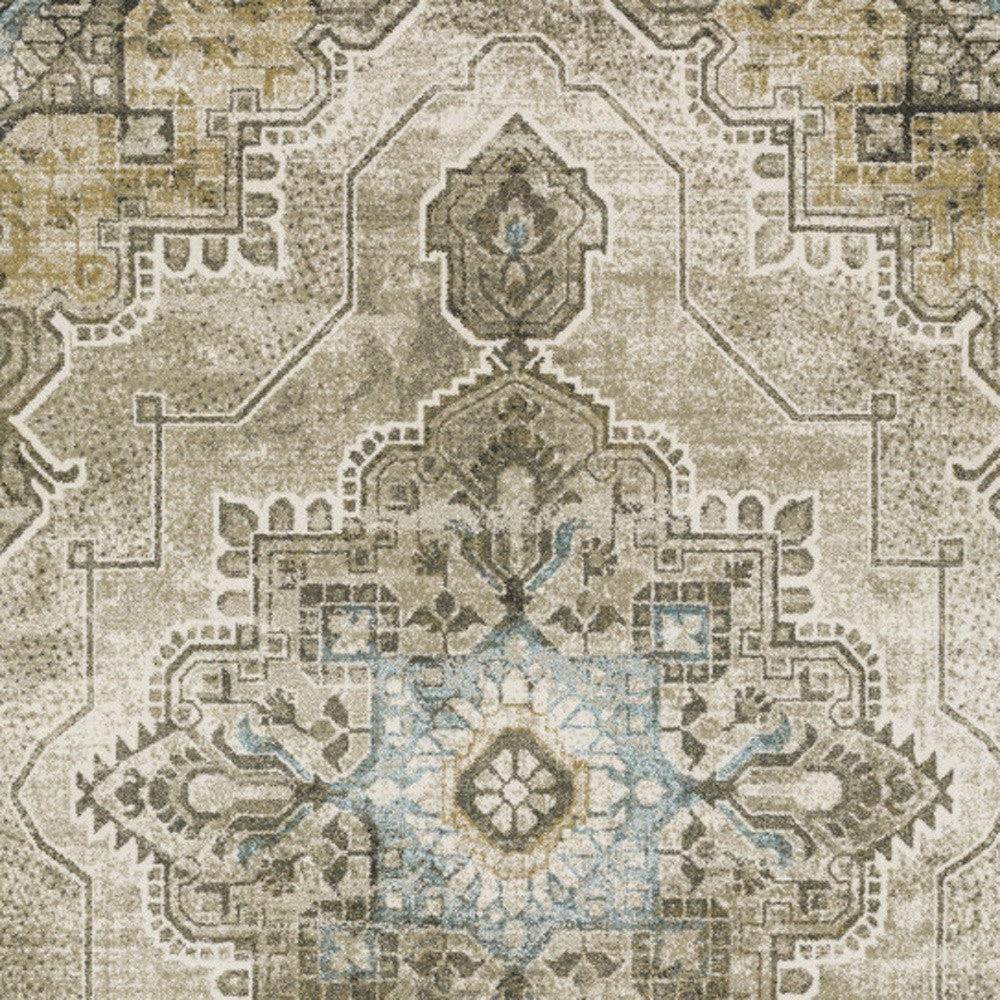 Stain-Resistant Grey, Blue, Beige & Gold Elegant Runner Rug - Ideal for Family Homes