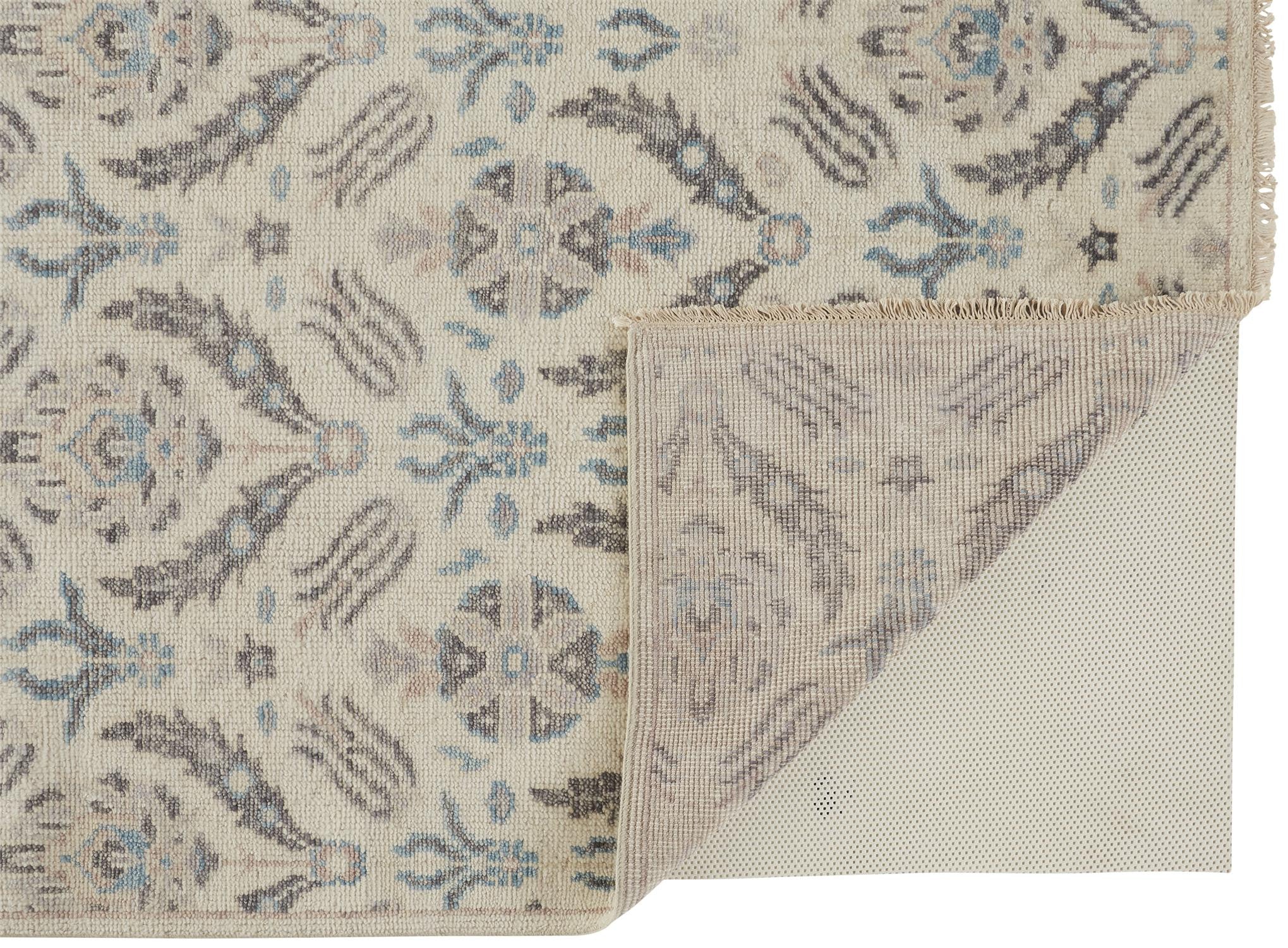Luxury Stain-Resistant Hand-Knotted Wool Area Rug in Elegant Gray, Ivory & Blue