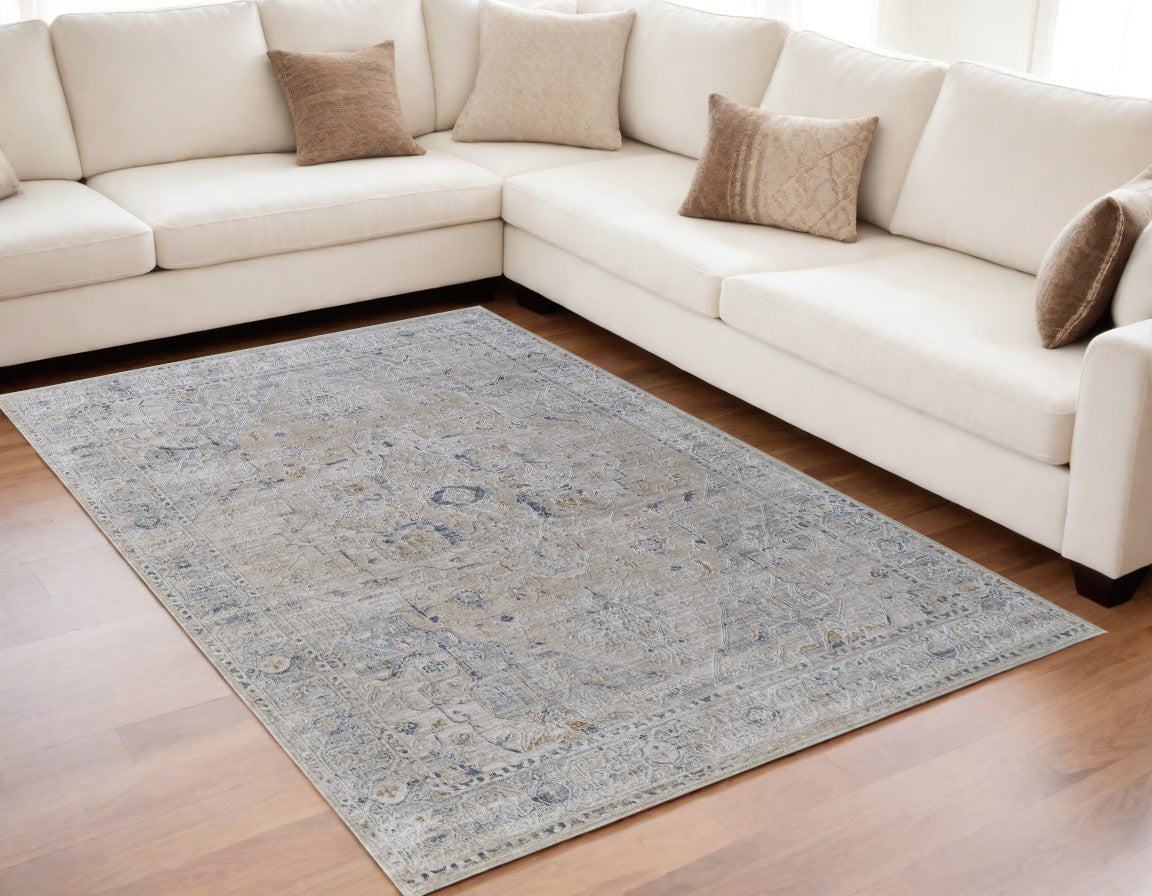 Stain-Resistant, Fringed, Elegant Blue and Taupe Oriental Area Rug for Any Room - Ideal Decorative Floor Covering