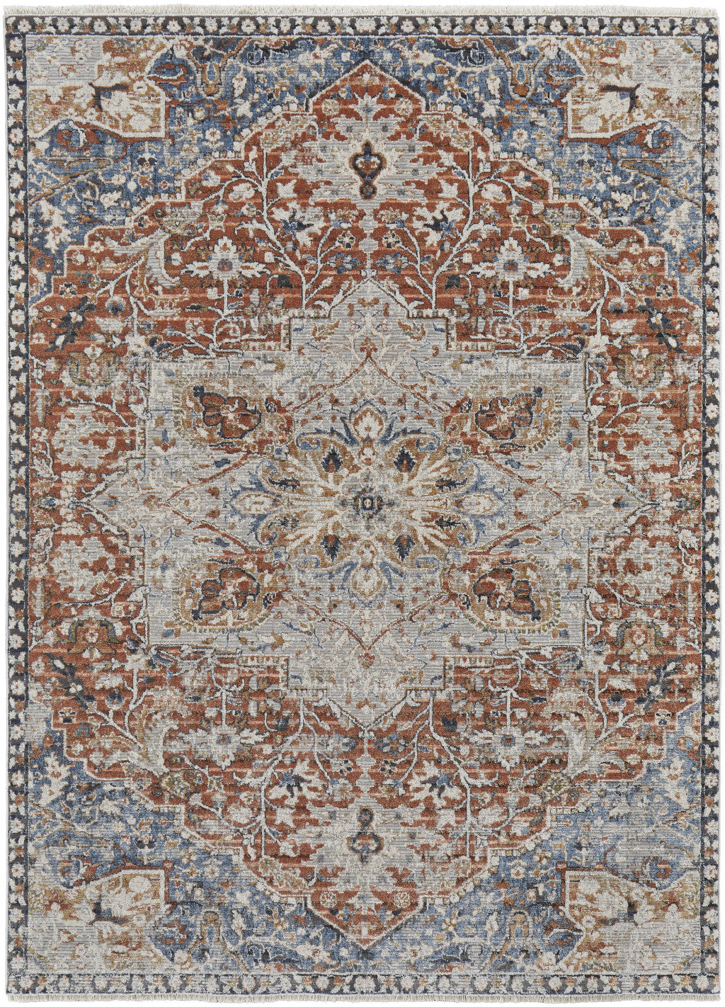 Stylish Orange, Ivory & Blue Floral Power Loom Area Rug with Tassel Ends for Elegant Interiors