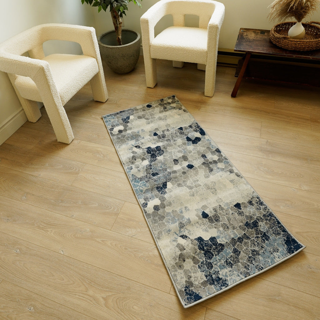 Stylish Navy Blue and Ivory Geometric Cobblestone Runner Rug for Luxurious Home Comfort