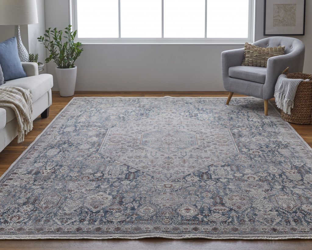 Stain-Resistant Blue and Ivory Floral Power Loom Area Rug for Kids and Pets
