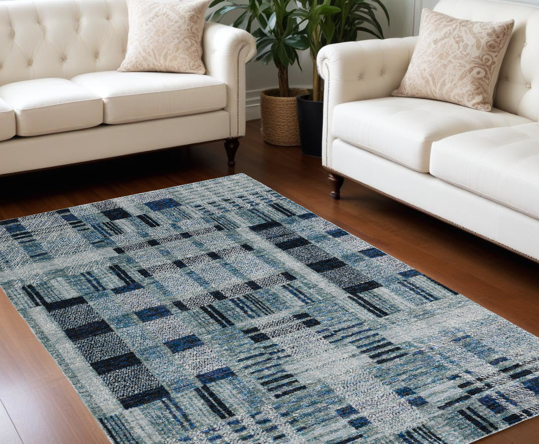 Stain-Resistant Blue Geometric Power Loom Area Rug - Ideal for Family Homes