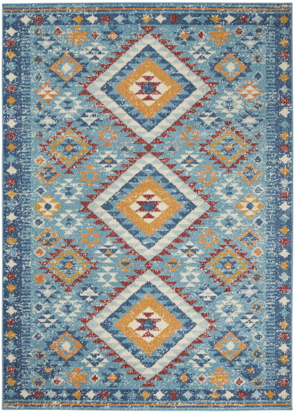 Stylish 5' x 7' Geometric Blue and Orange Dhurrie Area Rug for Your Living Space