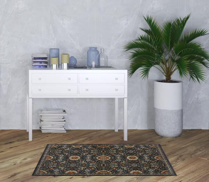 Stylish Stain-Resistant Blue and Ivory Oriental Power Loom Runner Rug with Fringe