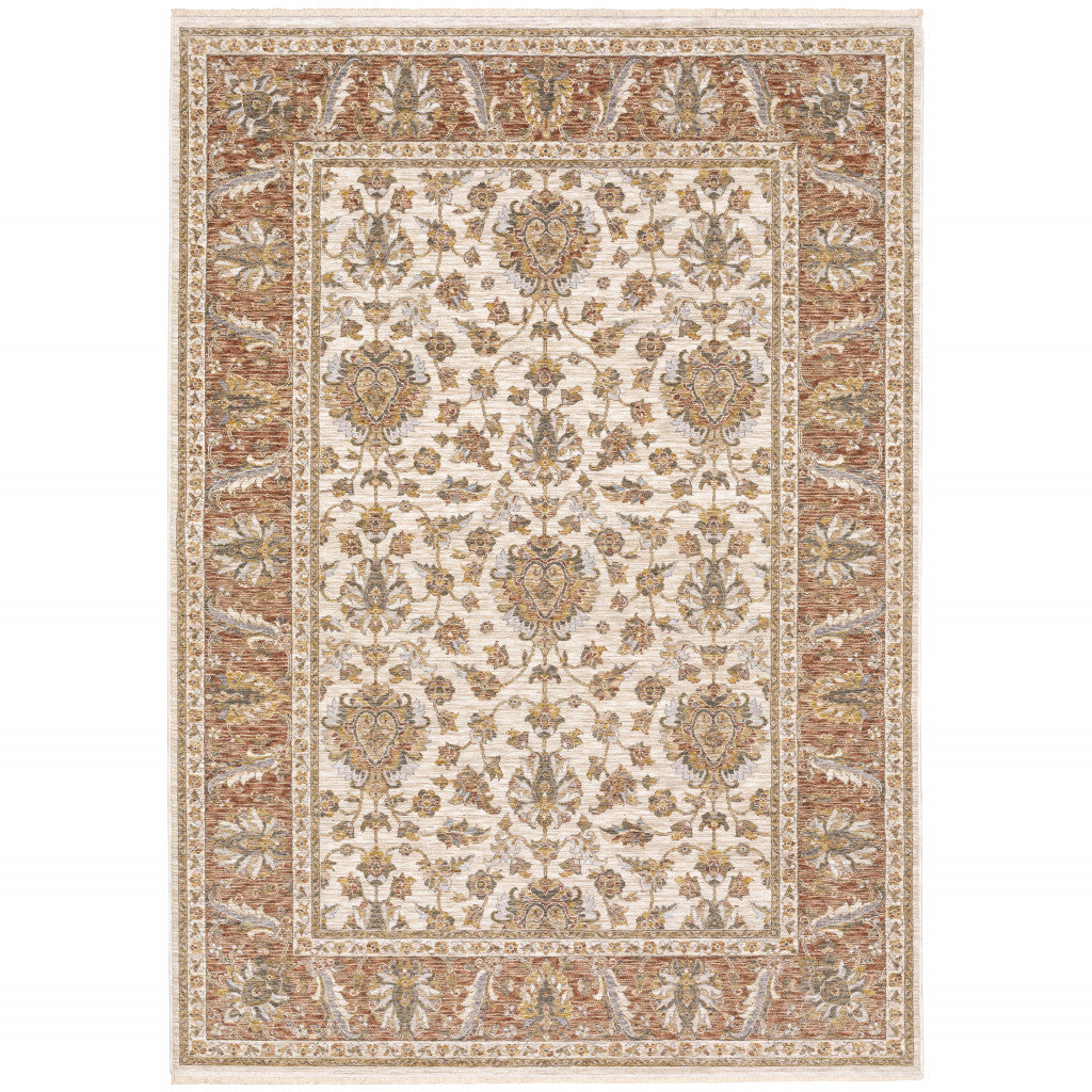 Stain-Resistant, Soft Oriental Runner Rug with Fringe - Timeless Ivory and Blue Design