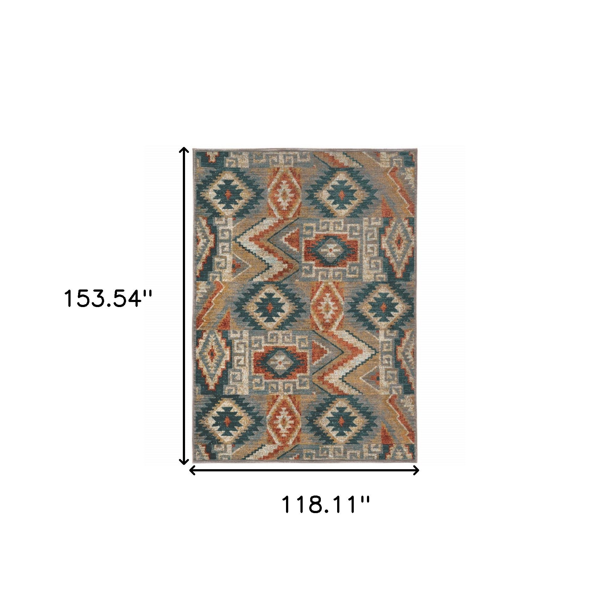 Stain-Resistant Geometric Power Loom Area Rug in Blue, Teal, Grey, Orange, Gold & Ivory
