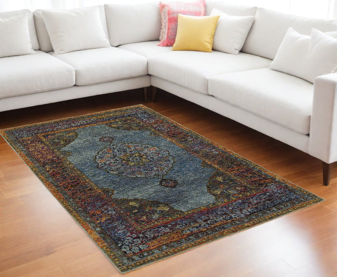 Stain-Resistant, Exquisite Blue and Beige Oriental Power Loom Area Rug - Ideal for Family Homes with Kids and Pets