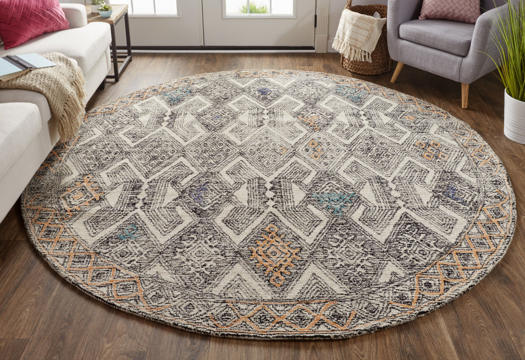 Stylish Distressed Geometric Handmade Wool Area Rug in Black, Ivory, and Green