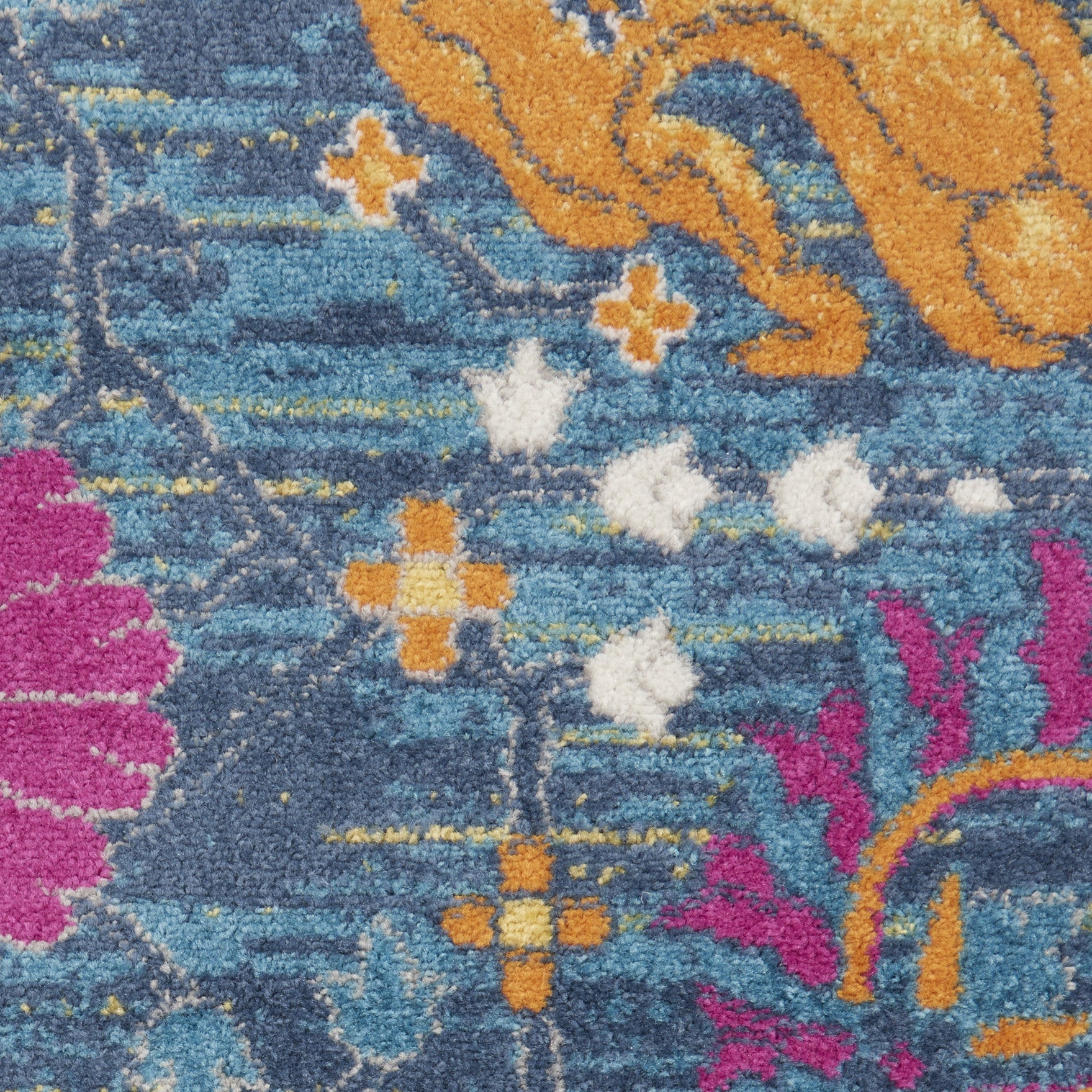 Elegant Floral Design Power Loom Round Area Runner Rug in Stunning Blue and Orange for Cozy Home Decor