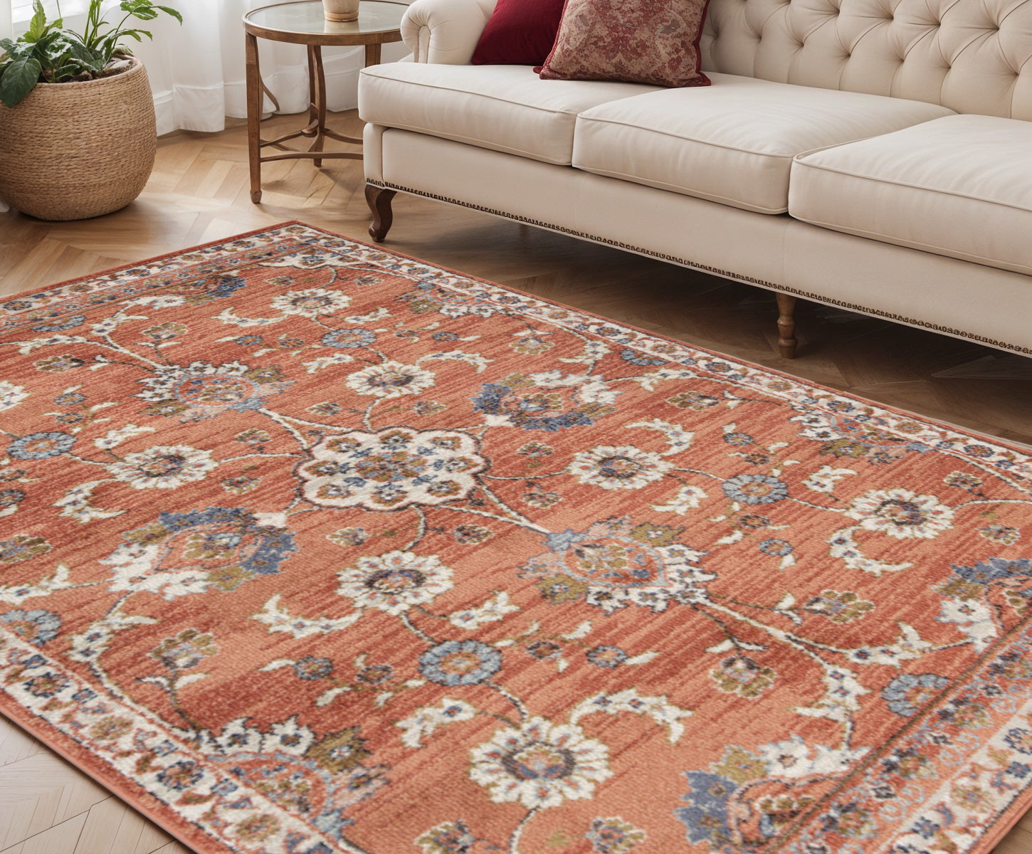 Stain-Resistant Elegant Floral Power Loom Area Rug in Ivory, Navy, Blue & Brown Design Ideal for Homes with Kids and Pets