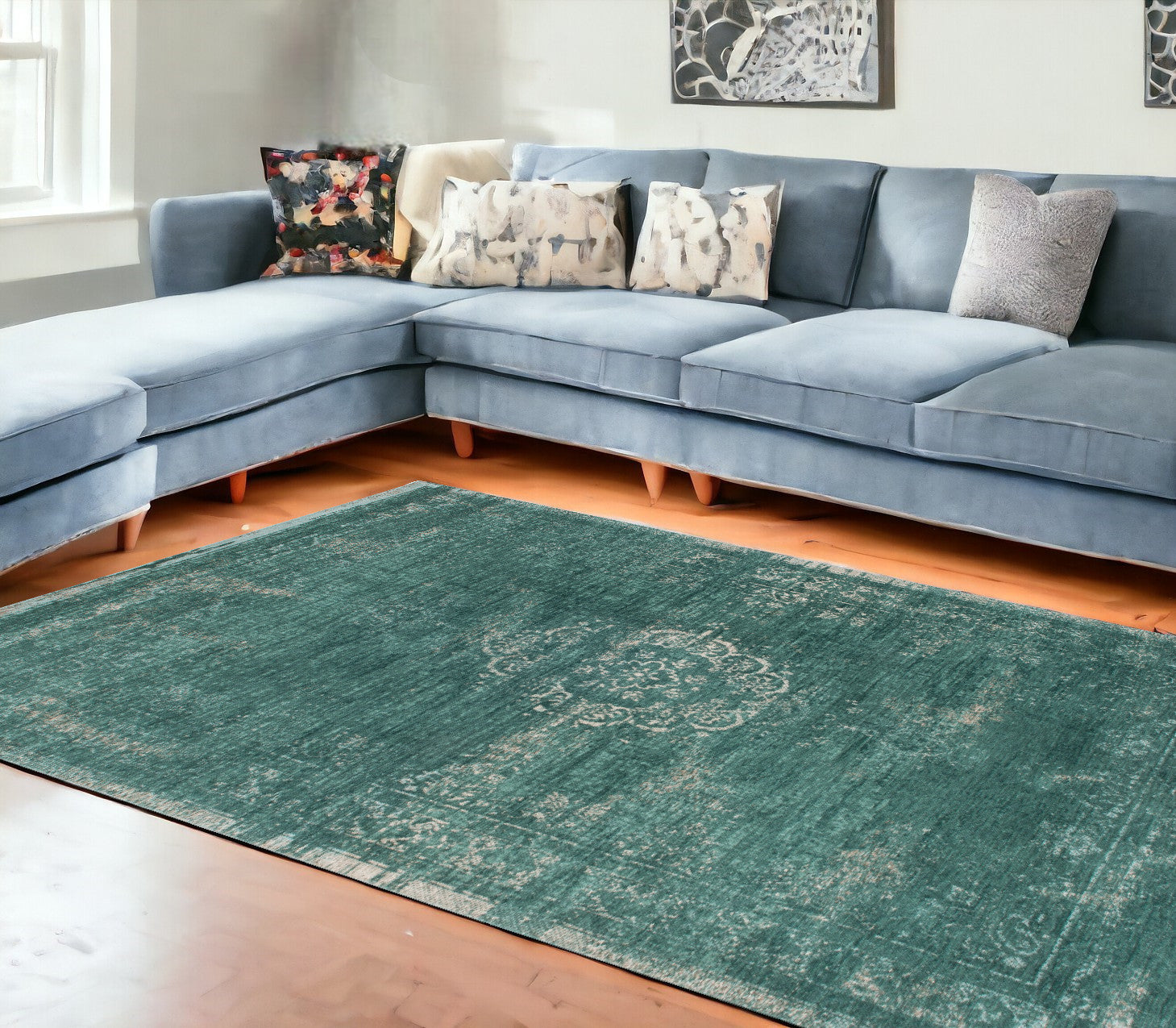 Stylish 8' x 11' Gray and Green Medallion Anti - Slip Area Rug for Home Decor