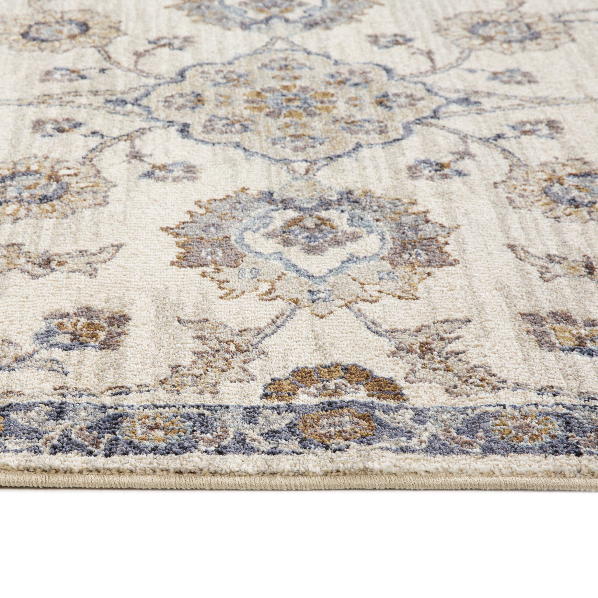Stain-Resistant Elegant Floral Power Loom Area Rug in Ivory, Navy, Blue & Brown Design Ideal for Homes with Kids and Pets