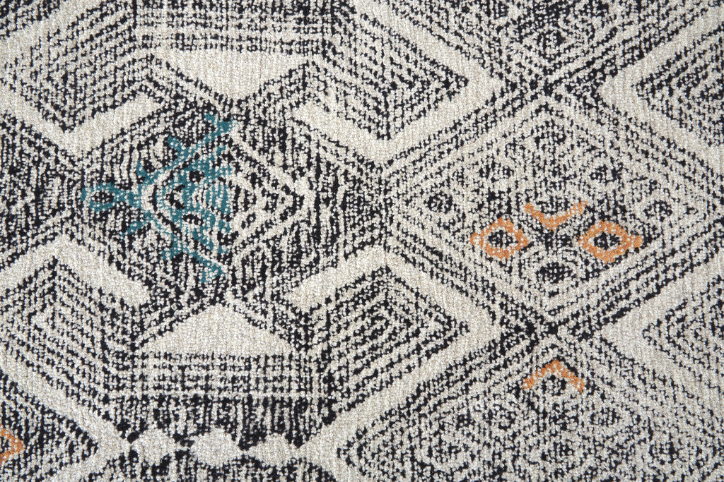 Stylish Distressed Geometric Handmade Wool Area Rug in Black, Ivory, and Green