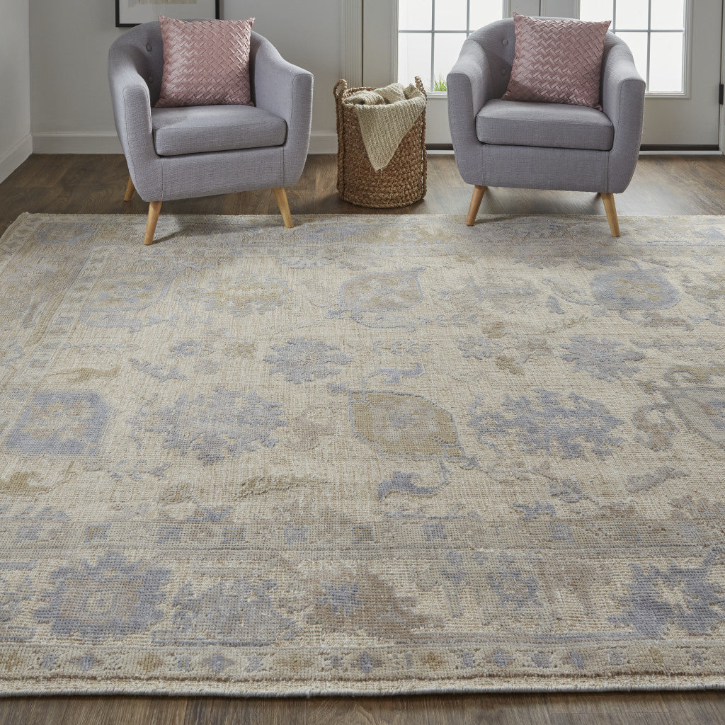 Stain-Resistant Floral Hand-Knotted Area Rug in Tan, Orange & Blue Design for Elegant and Sophisticated Living Spaces