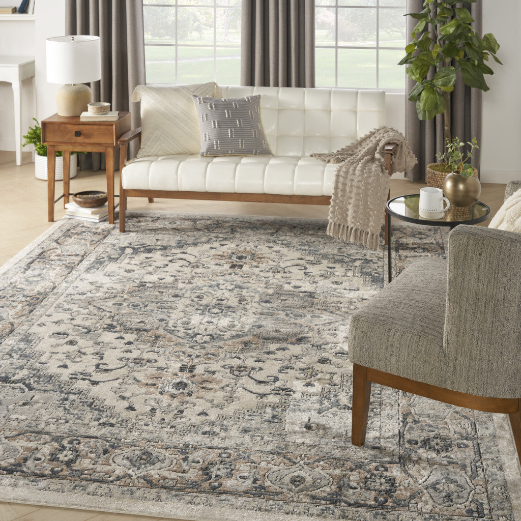 Stylish 8' x 10' Ivory Floral Power Loom Area Rug for Neutral Home Decor