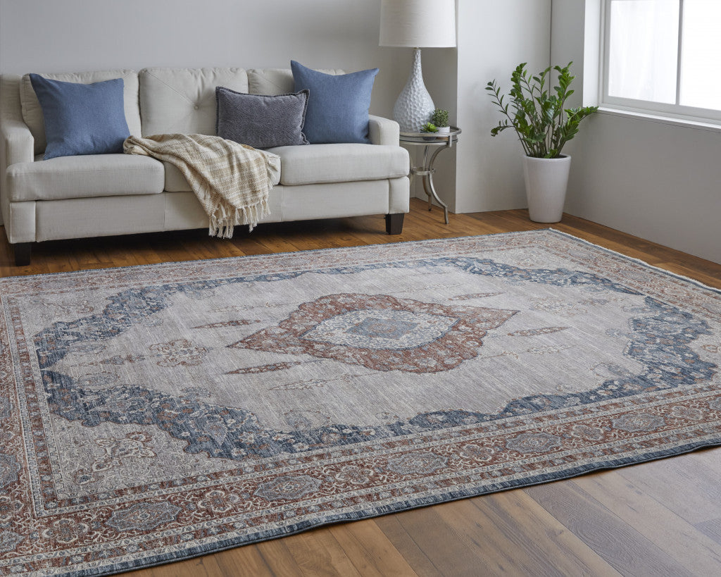 Stain-Resistant Blue and Gray Floral Area Rug for Kids and Pets, Ideal for Home Decor