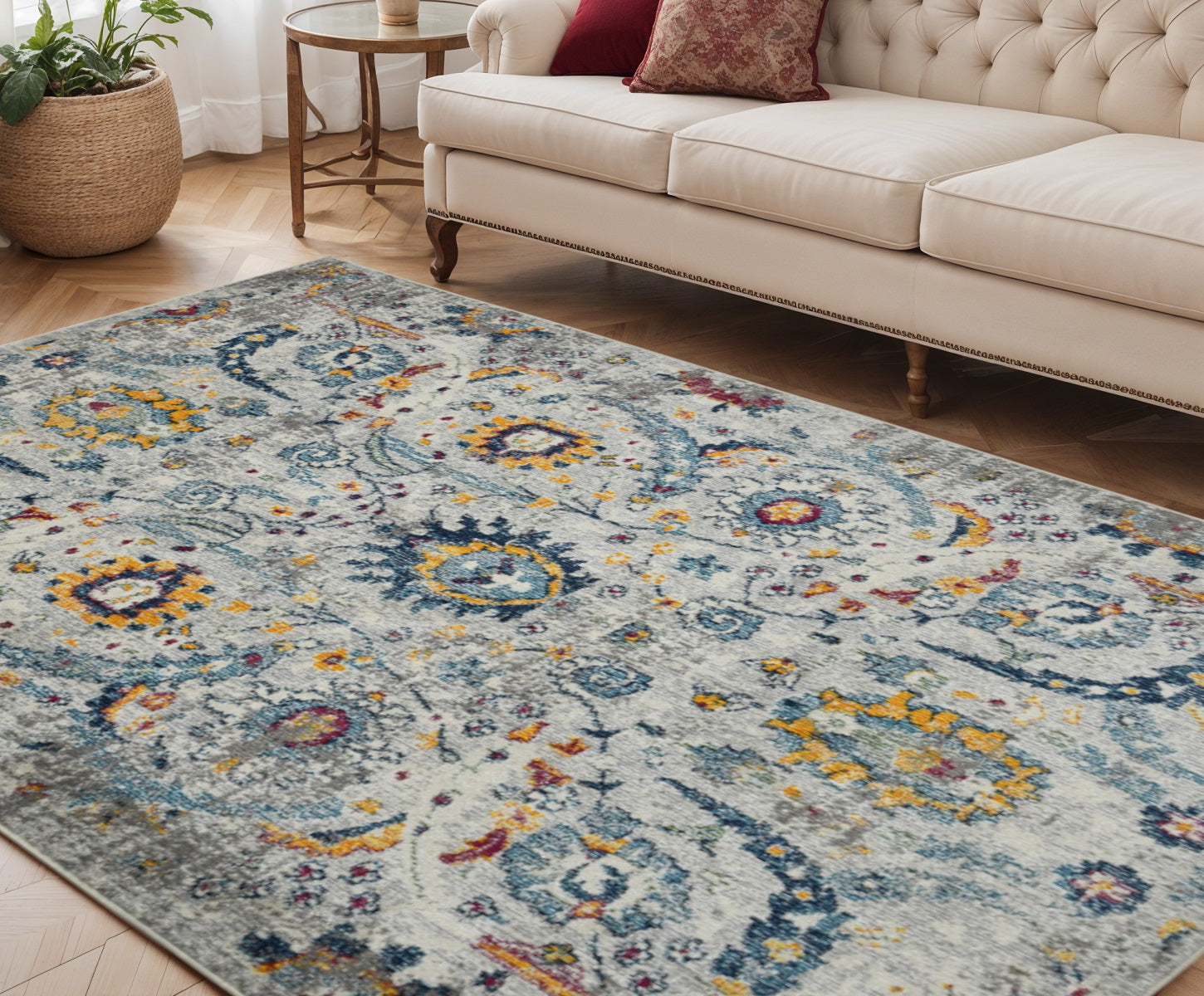 Stylish Orange and Ivory Floral Power Loom Round Area Runner Rug for Enhanced Comfort and Long - lasting Durability