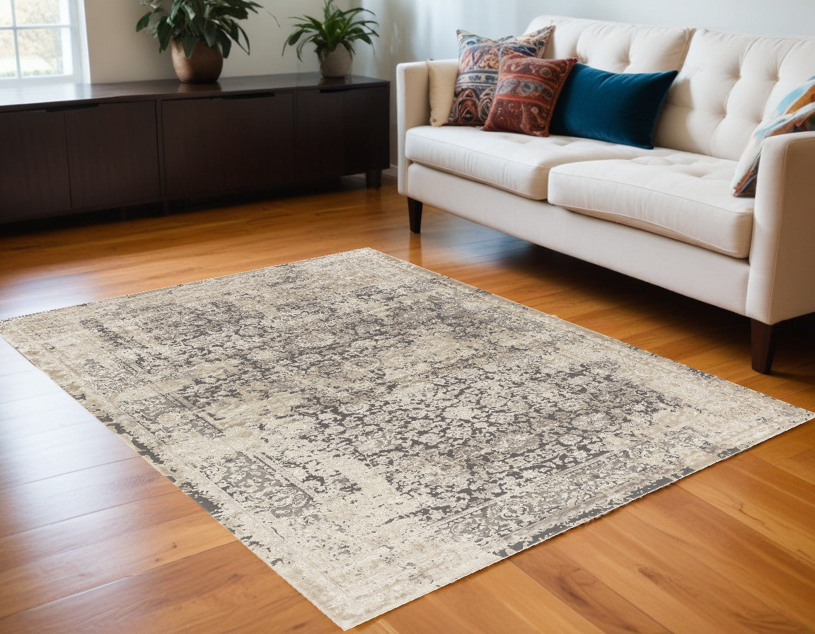 Exquisite Gray and Ivory Floral Machine - Made Viscose Area Rug for a Cozy and Elegant Touch in Any Room's Interior Decor