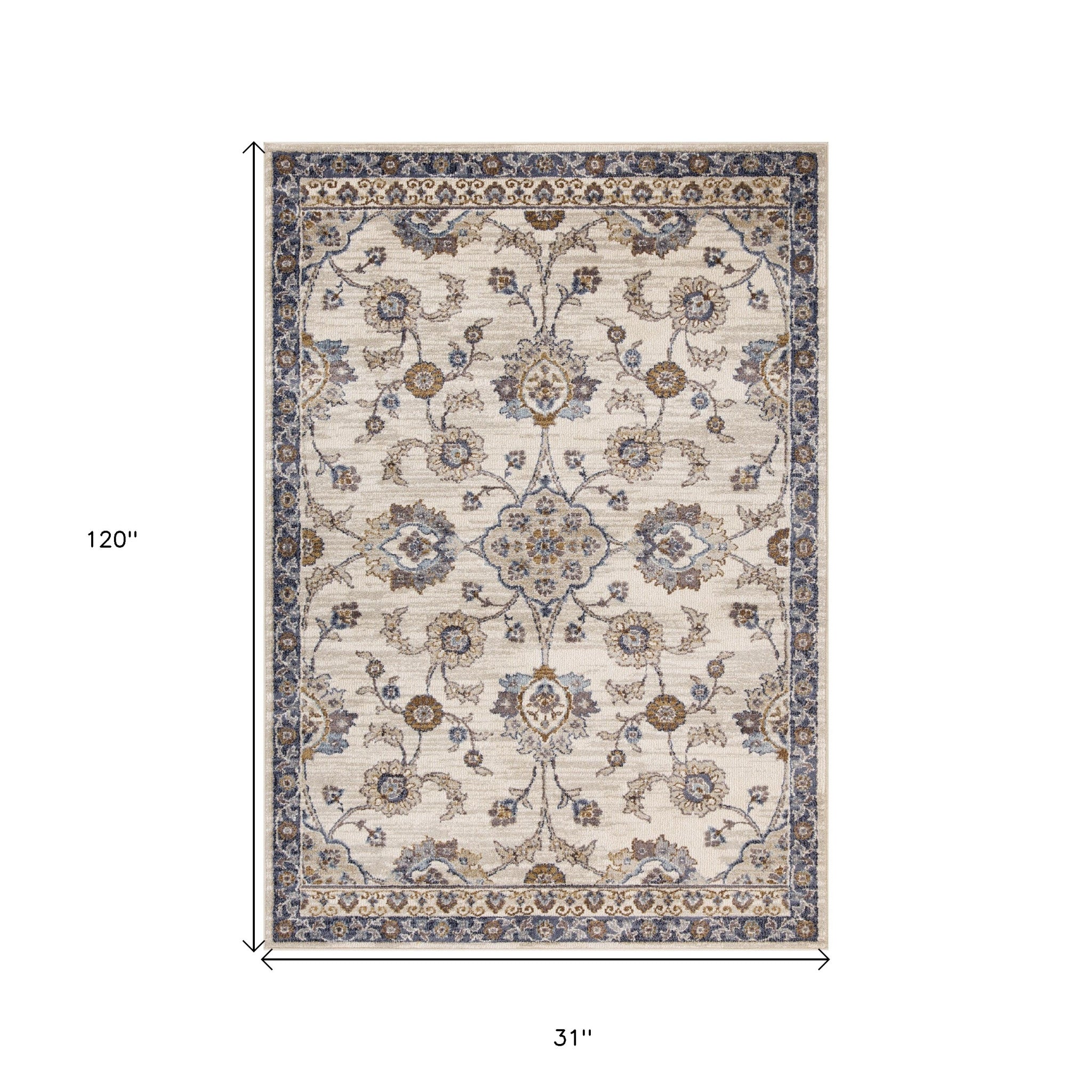 Stain-Resistant Elegant Floral Power Loom Area Rug in Ivory, Navy, Blue & Brown Design Ideal for Homes with Kids and Pets