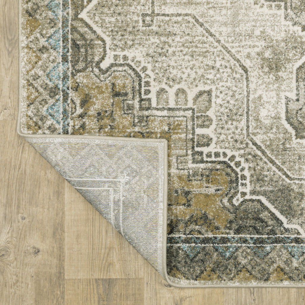 Stain-Resistant Grey, Blue, Beige & Gold Elegant Runner Rug - Ideal for Family Homes