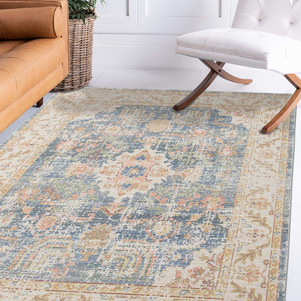 Stylish Blue, Gold, and Orange Floral Power Loom Area Rug for Warm & Inviting Spaces