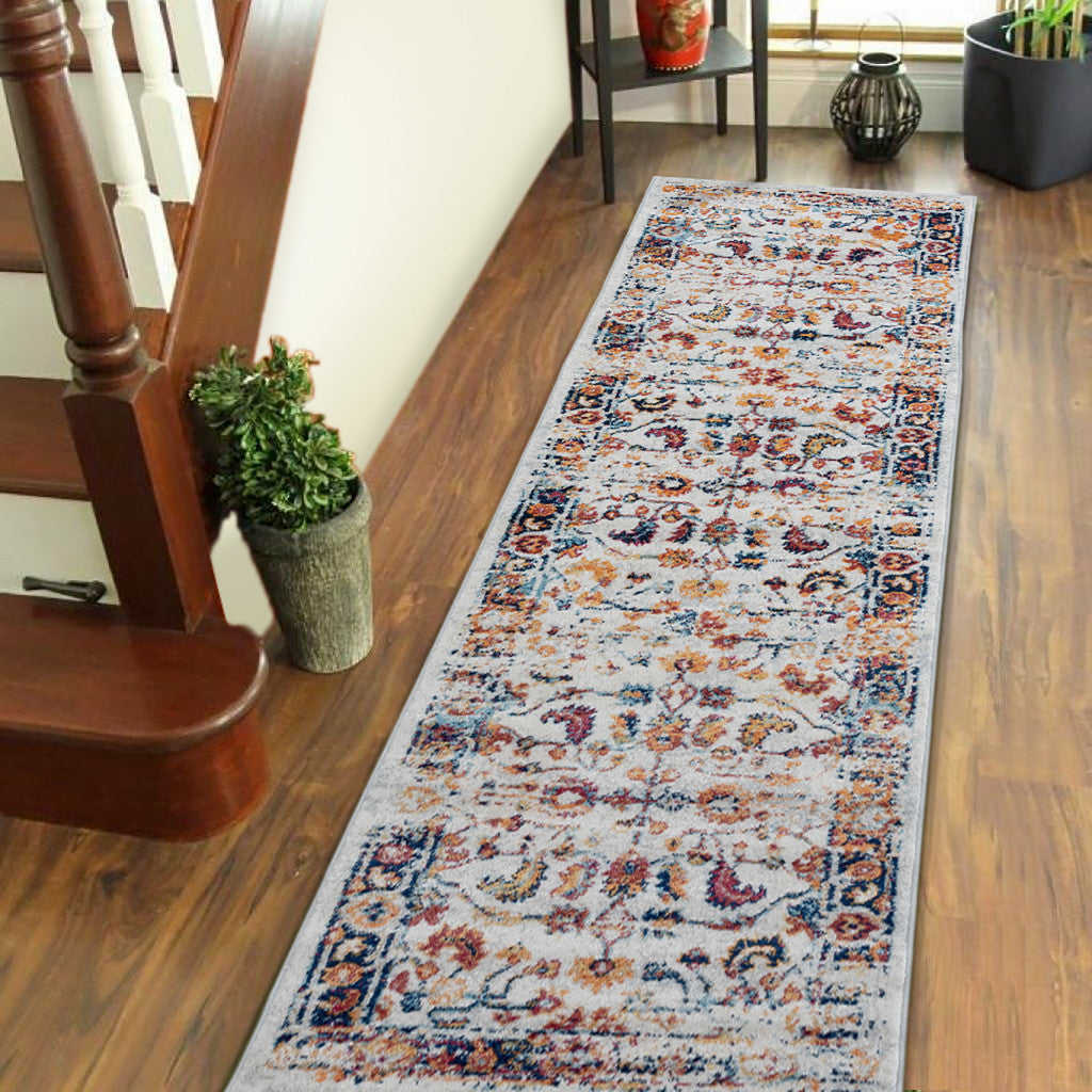 Stain-Resistant Floral Oriental Power Loom Area Rug in Elegant Ivory, Navy and Orange Design for Contemporary Modern Spaces
