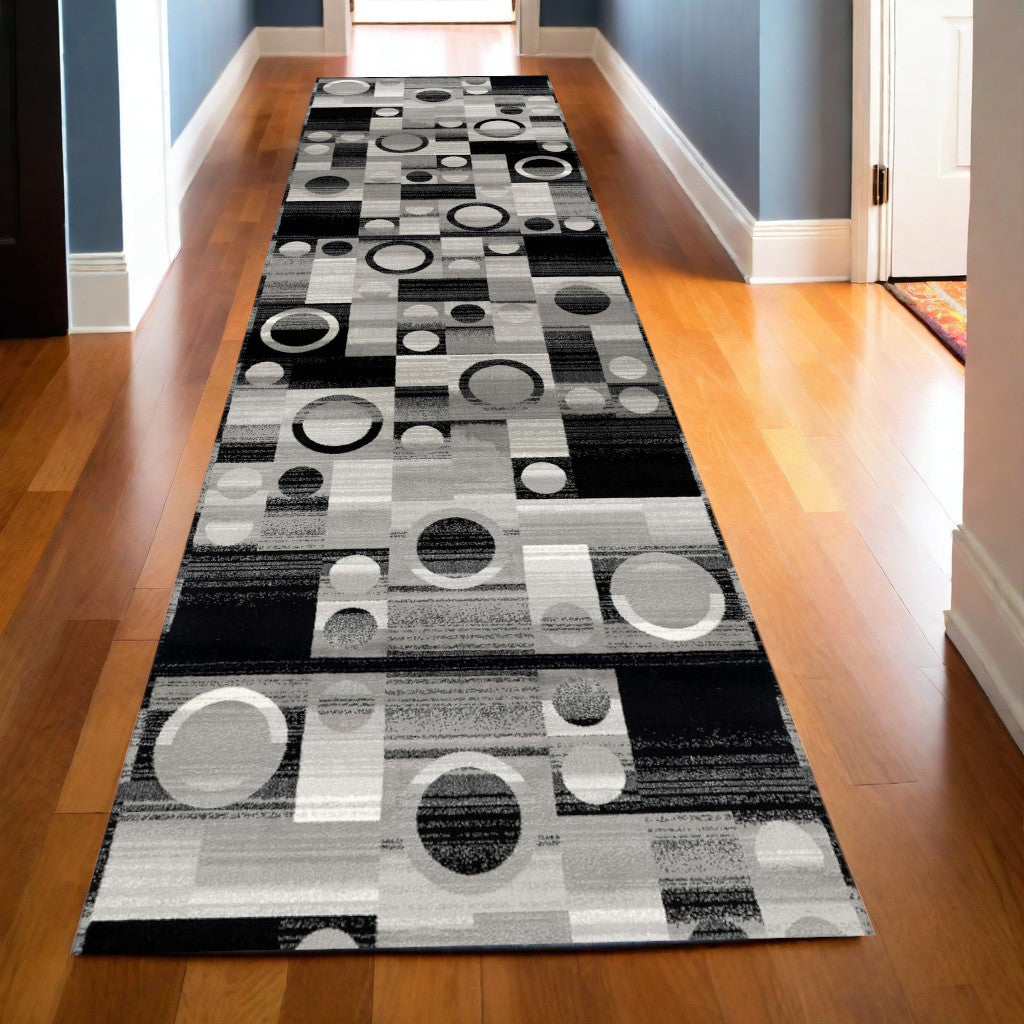 Stain-Resistant Geometric Power Loom Distressed Runner Rug in Black, Gray, and White - 10-Foot Long Stylish Floor Covering