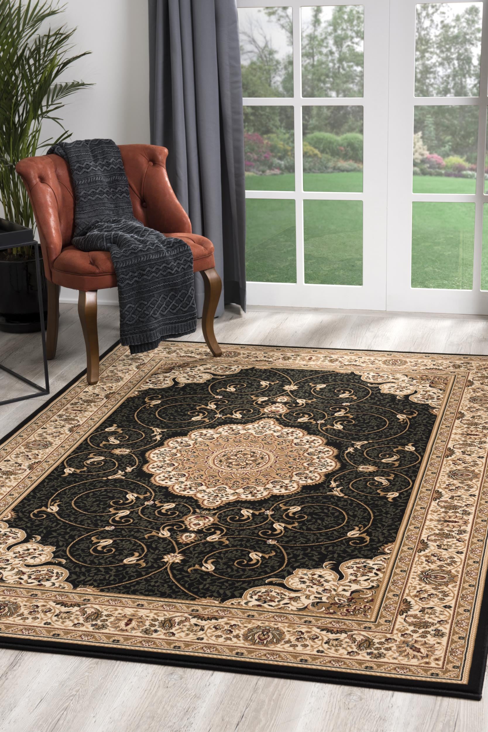 Stylish and Elegant Beige and Black Medallion Design Power Loom Runner Rug - A Perfect Decorative Addition for Any Indoor Space