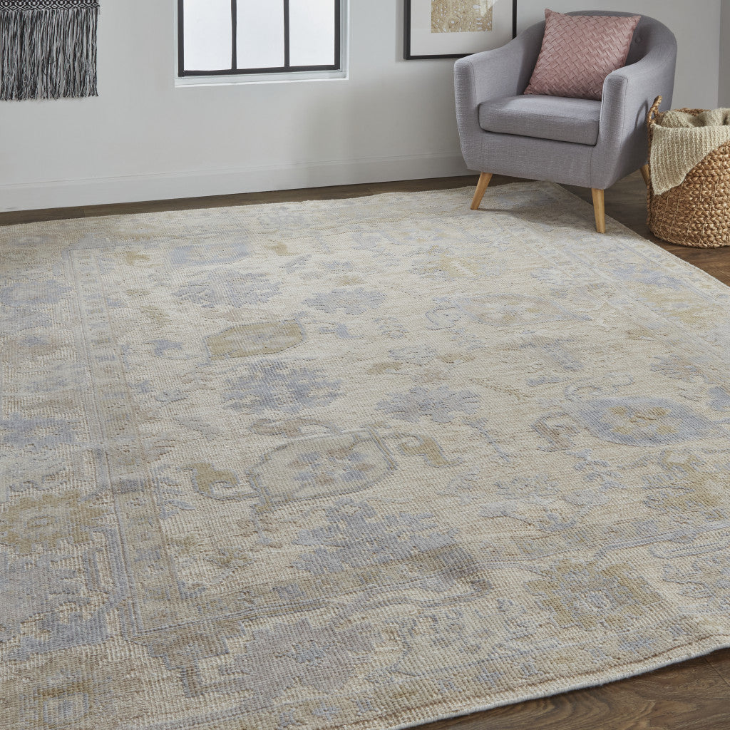 Stain-Resistant Floral Hand-Knotted Area Rug in Tan, Orange & Blue Design for Elegant and Sophisticated Living Spaces