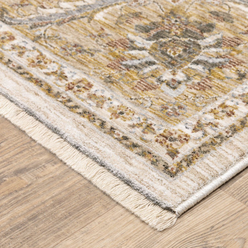 Stain-Resistant, Soft Oriental Runner Rug with Fringe - Timeless Ivory and Blue Design