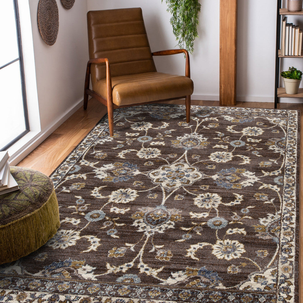 Stain-Resistant Elegant Floral Power Loom Area Rug in Ivory, Navy, Blue & Brown Design Ideal for Homes with Kids and Pets