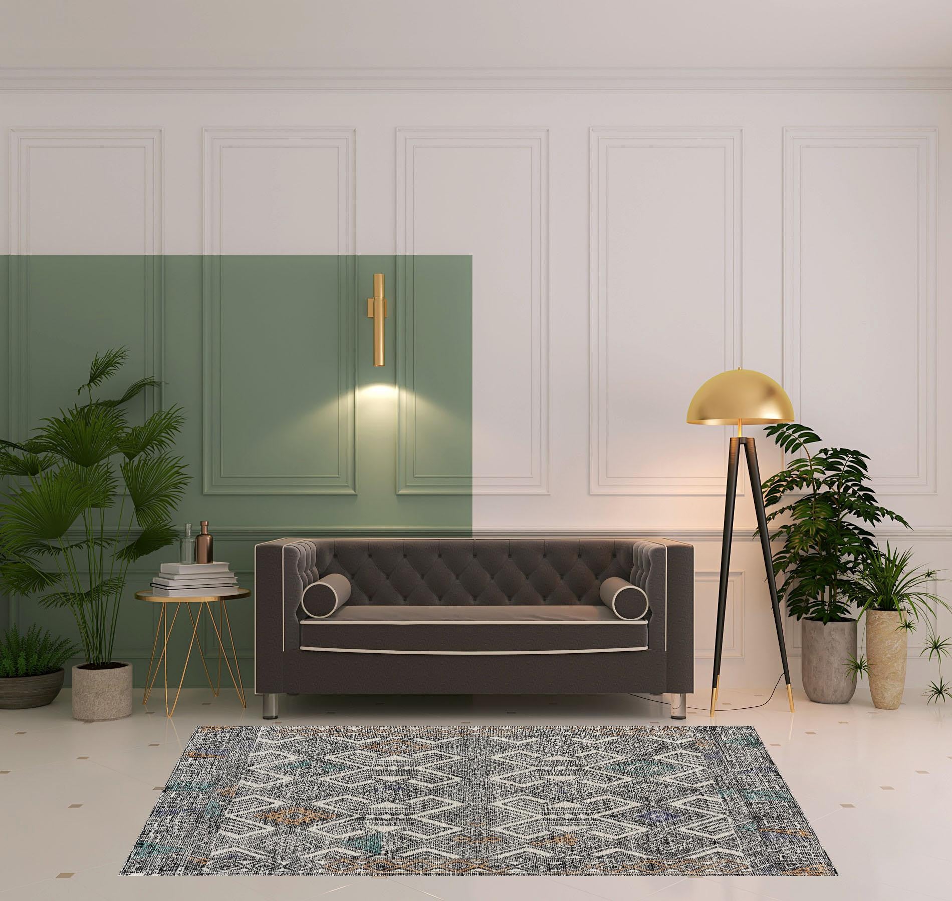 Stylish Distressed Geometric Handmade Wool Area Rug in Black, Ivory, and Green