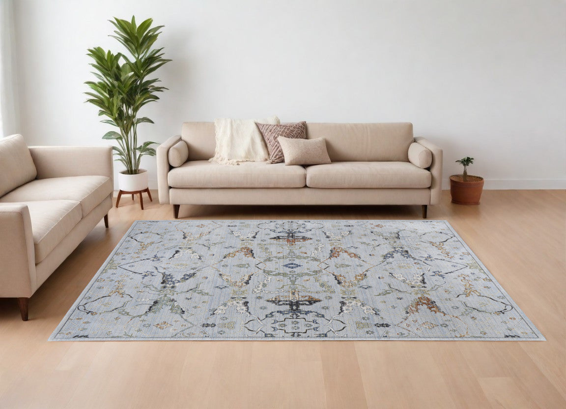 Stylish Gray, Blue and Green Floral Power Loom Area Rug - Stain Resistant, Ideal for Kids and Pets, 90x60 Inches
