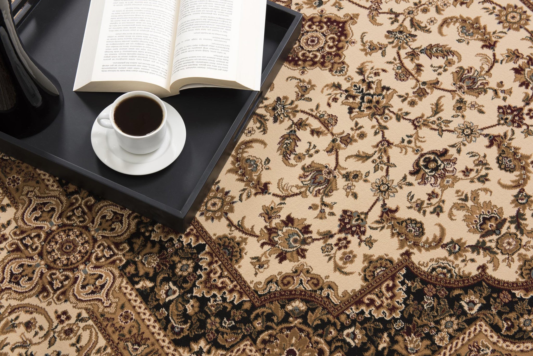 Stylish Black and Ivory Oriental Power Loom Area Rug for a Sophisticated Space