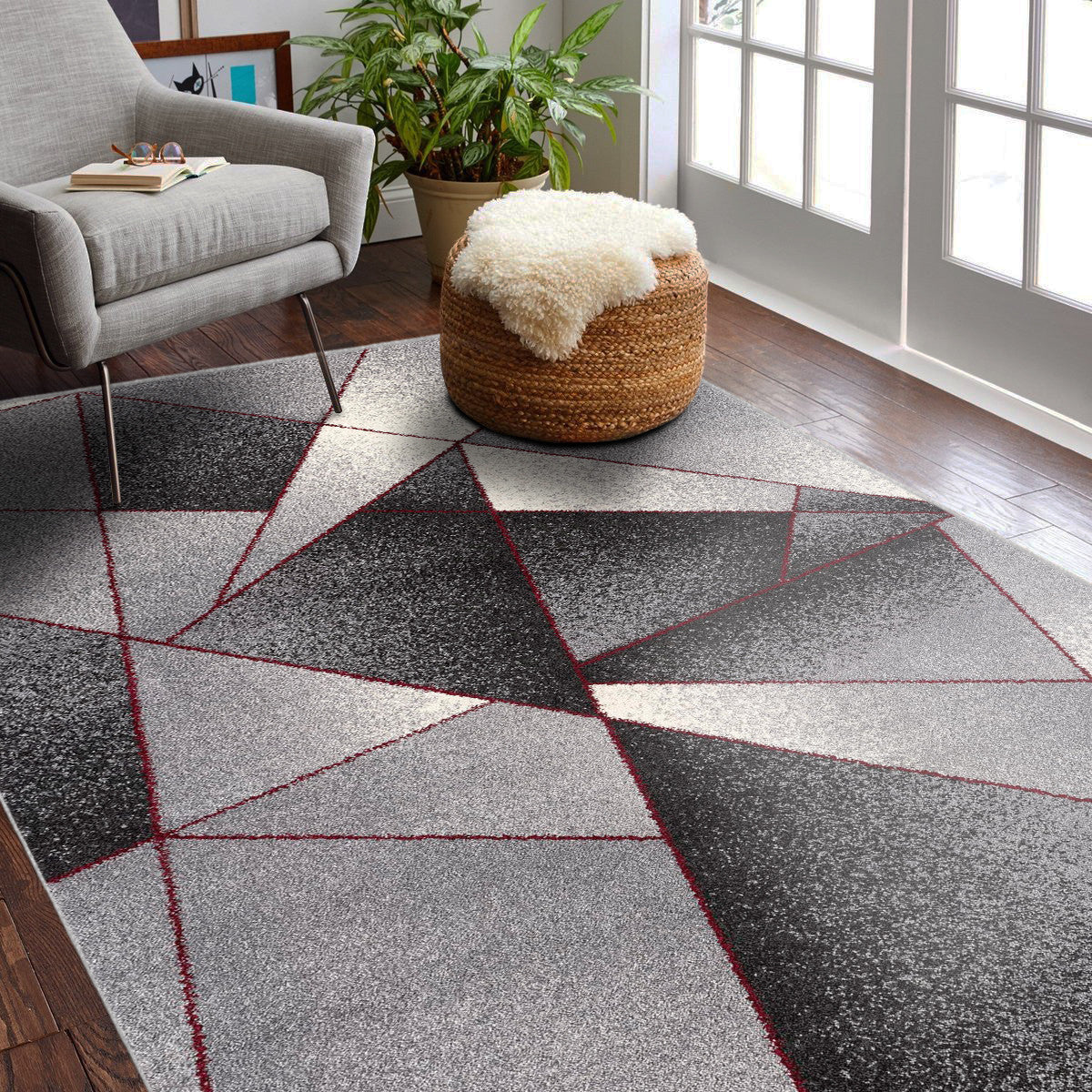 Stylish Geometric Area Rug with an Elegant Design in Grey and Red for a Sophisticated Home Décor Upgrade