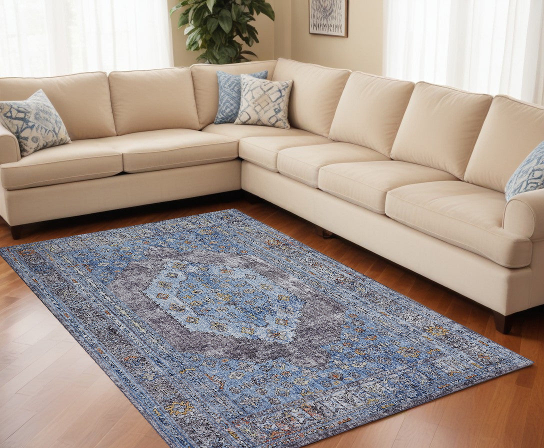 Exquisite Floral Polyester Area Rug with Elegant Blue and Gray Design, Stain - Resistant, Ideal for Family Homes with Kids and Pets