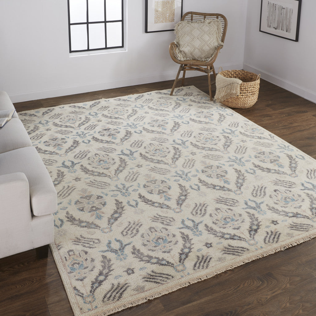 Luxury Stain-Resistant Hand-Knotted Wool Area Rug in Elegant Gray, Ivory & Blue