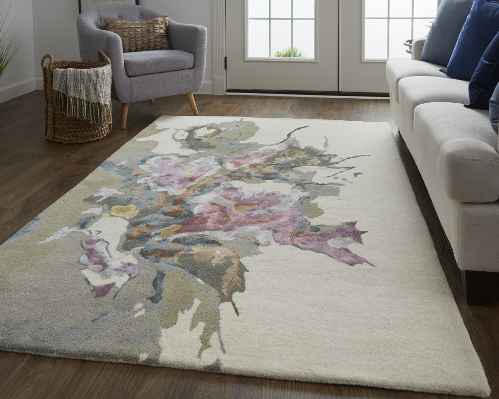 Exquisite Floral Hand-Tufted Wool Area Rug with Enchanting Pink and Green Design for Elegant Home Decor