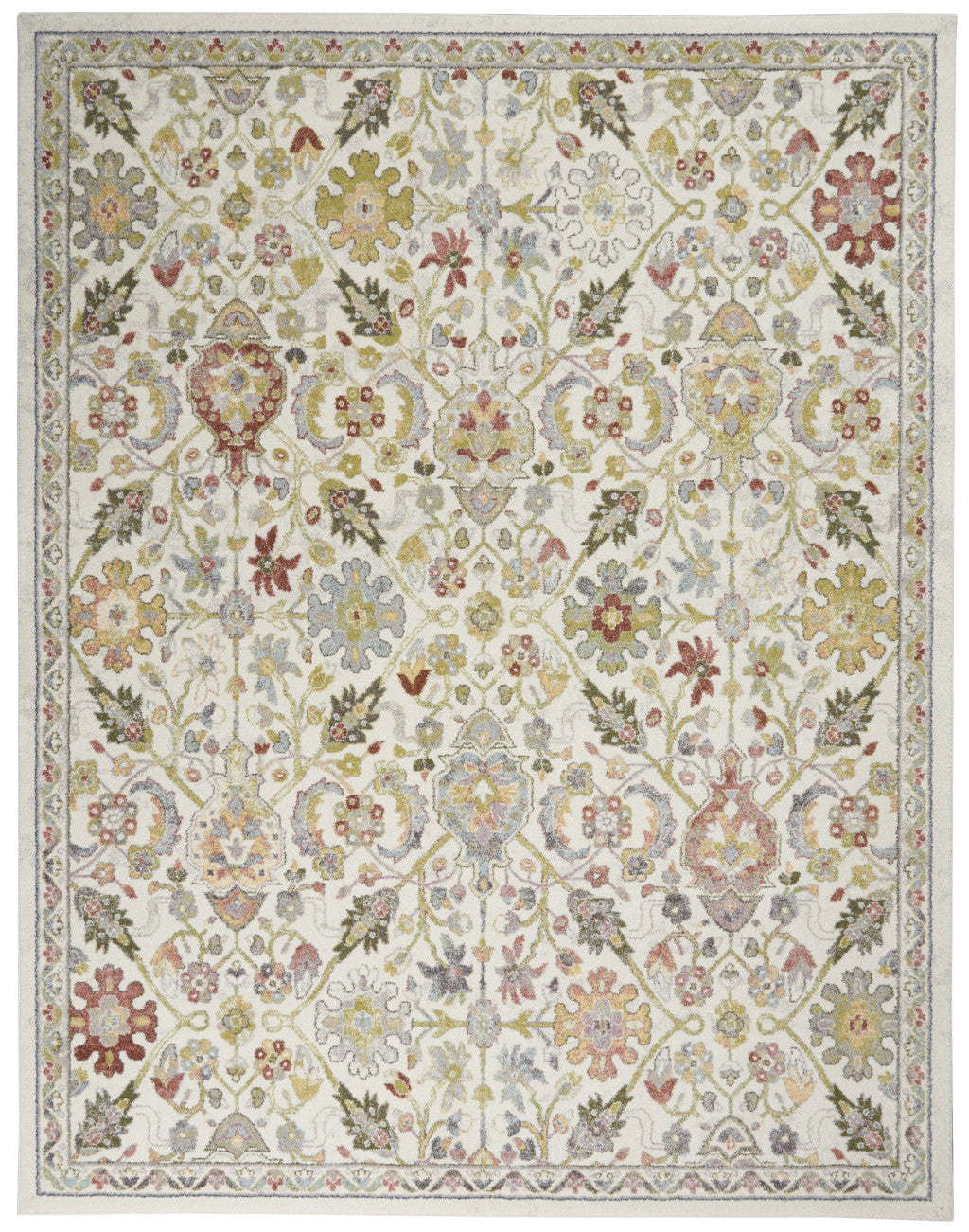 Durable 8' x 10' Stain-Resistant Floral Area Rug in Ivory, Green & Gray - Elegant Decor