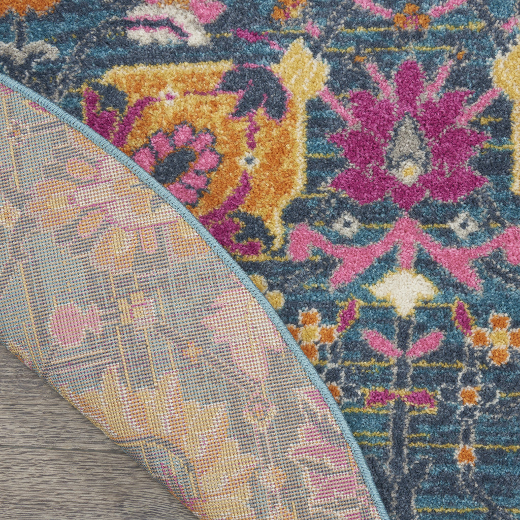Elegant Floral Design Power Loom Round Area Runner Rug in Stunning Blue and Orange for Cozy Home Decor